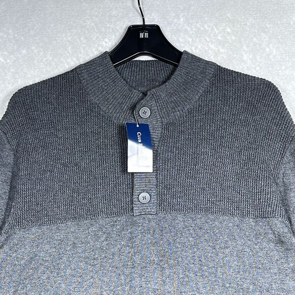 Club Room Sweater Mens Medium Charcoal Heather Button Mock Neck and Ribbed Cuffs - Picture 2 of 10